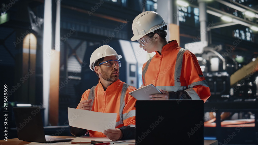 © stockbusters - Couple technicians discussing industrial project at production facility.
