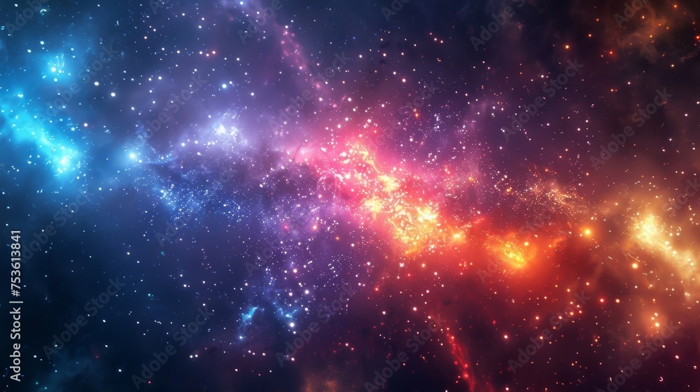 Naklejka premium Stunning cosmic display of a galaxy cluster, showcasing the vibrant hues of various stars and the gravitational dance between celestial bodies.
