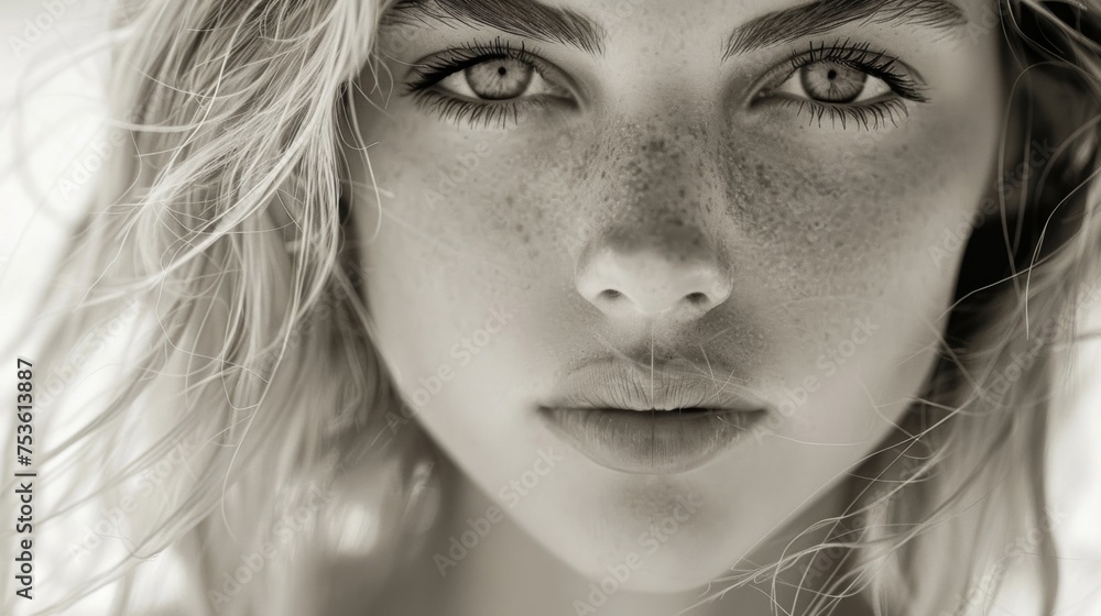 Fototapeta premium Stunning blonde beauty captivates with her intense gaze in a striking black-and-white , created by AI technology.