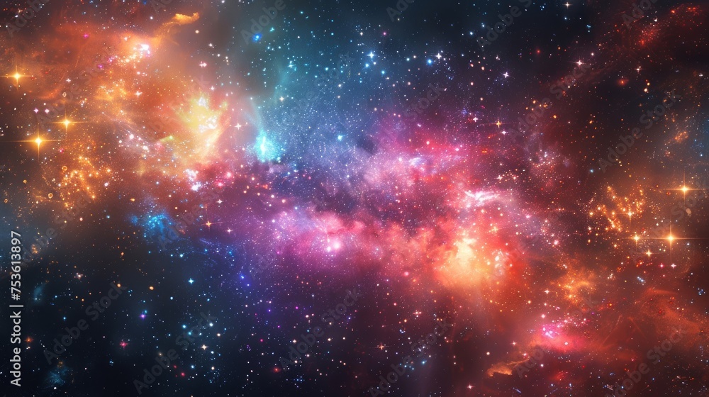 Naklejka premium Stunning cosmic display of a galaxy cluster, showcasing the vibrant hues of various stars and the gravitational dance between celestial bodies.