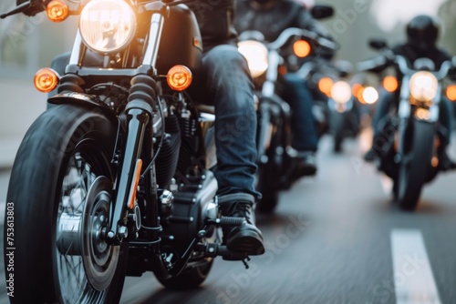 Fototapeta Naklejka Na Ścianę i Meble -  Thousands of bikers rev their engines in a thrilling motorcycle parade, showcasing their helmets and gear at the biker show.