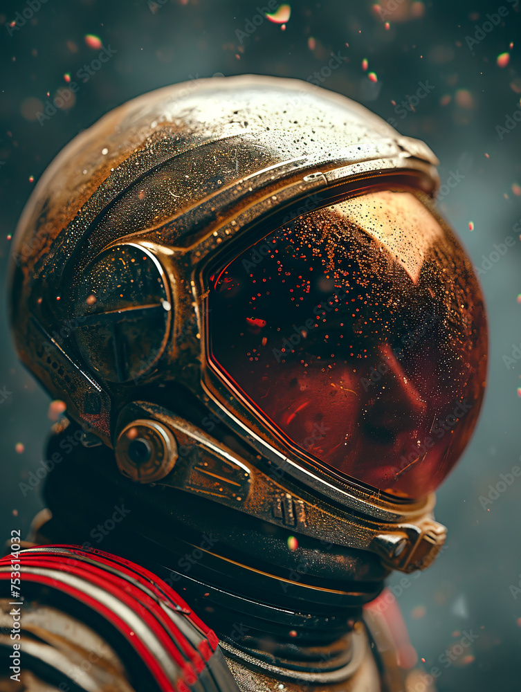 Close-up portrait of astronaut on Mars with helmet, spaceman exploring red planet, futuristic space exploration concept created with Generative AI technology.
