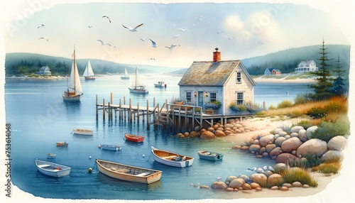 Watercolor of a boat house on the East Coast
