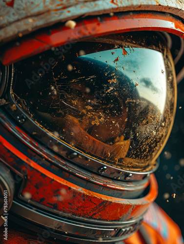 Close-up of astronaut's helmet on Mars - spaceman suit visor portrait in space exploration mission, generated with AI technology.