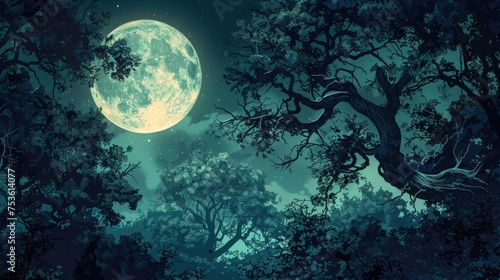 The moon's silver glow illuminates the forest, casting eerie shadows as owls hoot and creatures stir in the darkness.