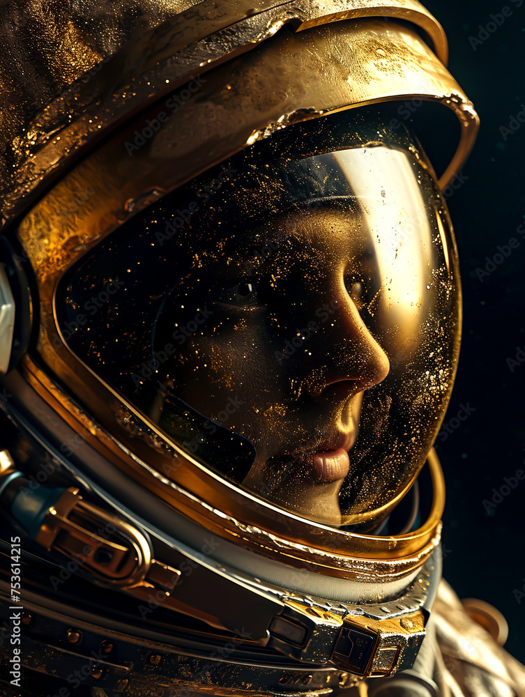 Close-up portrait of an astronaut's helmet on Mars, spaceman exploring the red planet, futuristic space exploration concept created with Generative AI technology