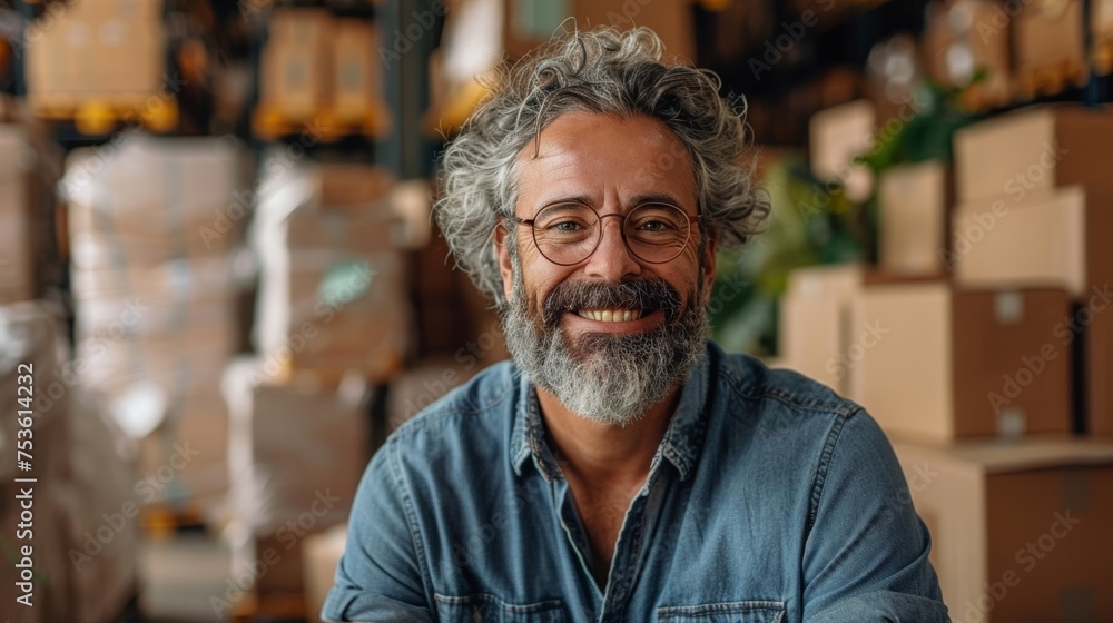 Smiling mature man packing boxes in warehouse for shipment.