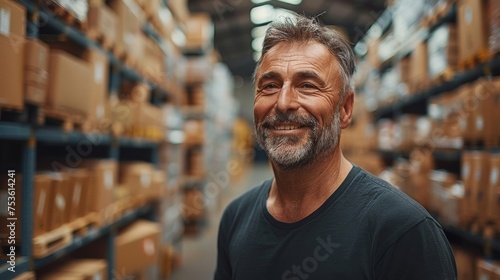 Smiling mature man packing boxes in warehouse for shipment.