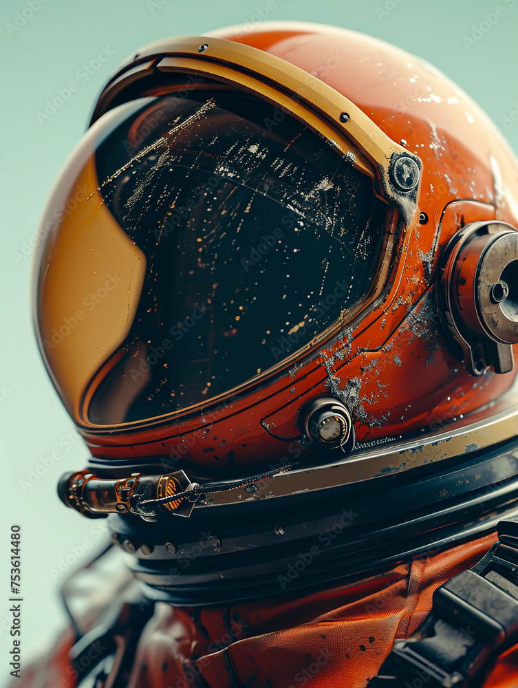 Close-up portrait of an astronaut's helmet on Mars, spaceman in space suit, cosmic explorer close-up shot, AI-generated space photography created with Generative AI technology.