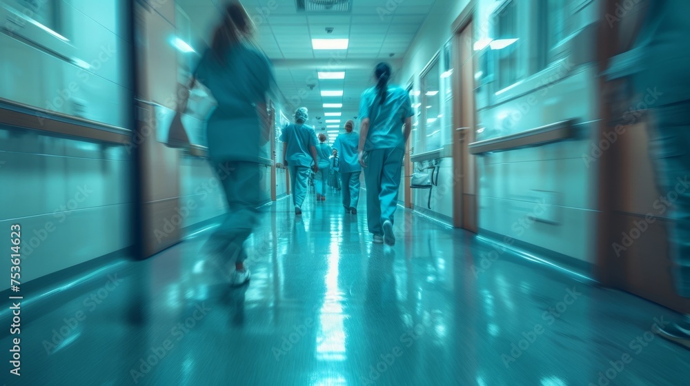 Hectic hospital hallway with moving medical professionals in scrubs.