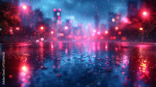 Raindrops glisten on the pavement  reflecting the colorful glow of the street lights as they blur into a beautiful bokeh effect.