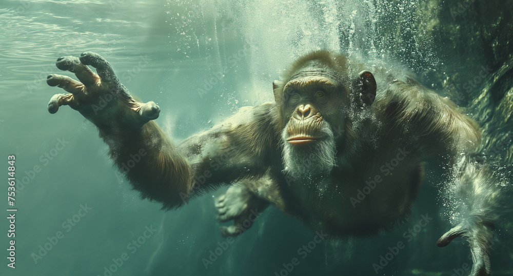 Serene Underwater Portrait of a Young Macaque Monkey with Vivid Eyes and Bubbles, Close-Up Wildlife Photography - obrazy, fototapety, plakaty 