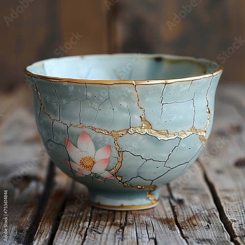 Wabi-Sabi Lotus Edge Rice Bowl with Kintsugi Blue White Pink Gold, Crackled Design inspired by Traditional Japanese Art created with Generative AI technology
