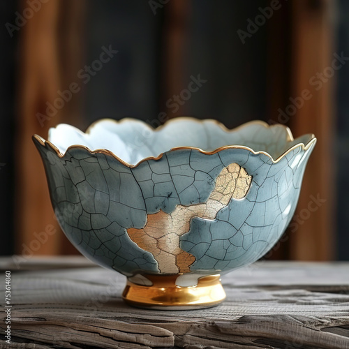 Kintsugi-inspired Traditional Japanese Rice Bowl with Wabi-Sabi Aesthetics and Lotus Motif, crafted with Generative AI technology. photo