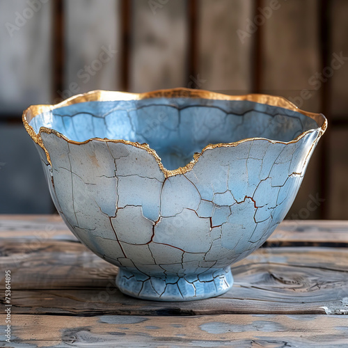 Crackled Lotus Edge Rice Bowl in Kintsugi Blue White Pink Gold, inspired by Wabi-Sabi aesthetics, crafted with Generative AI technology. photo