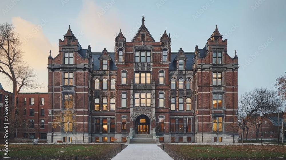 Fototapeta premium Twilight casts a soft light on the ornate Victorian Gothic architecture of an impressive university building, conveying a sense of academic tradition and history.