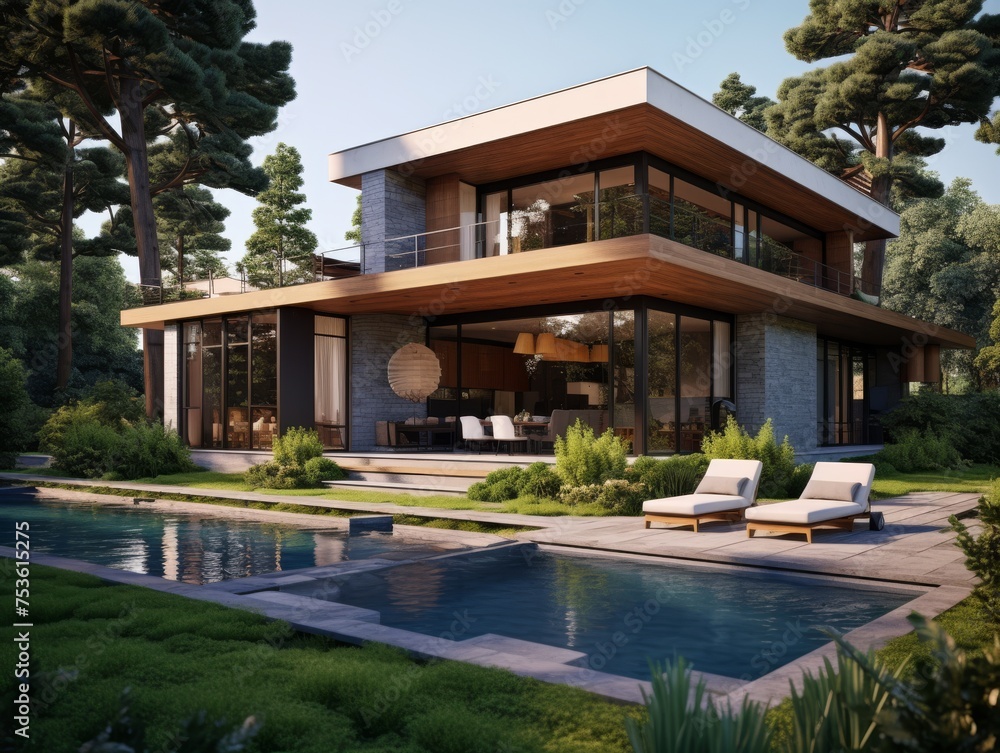 A modern house nestled within a lush urban park, surrounded by towering trees A modern house nestled within a lush urban park, surrounded by towering trees