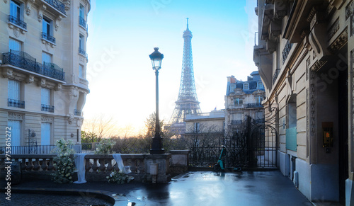 cosy Paris street with view on the famous Eiffel Tower on a cloudy spring day with flowers, Paris France © neirfy