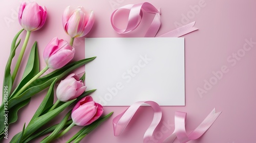 postcard mockup. floral frame made of pink flowers, envelope and white blank for the text. congratulation. invitation ,generative ai