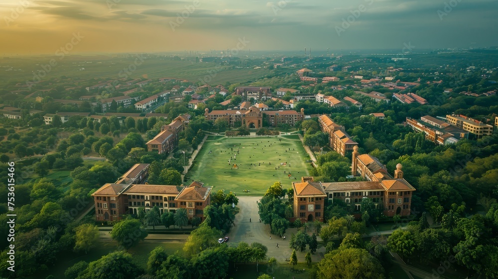 Dramatic aerial perspective of a historic university campus with classic architecture, open lawns, and surrounding greenery at sunset. Dramatic aerial perspective of a historic university campus with classic architecture, open lawns, and surrounding greenery at sunset.