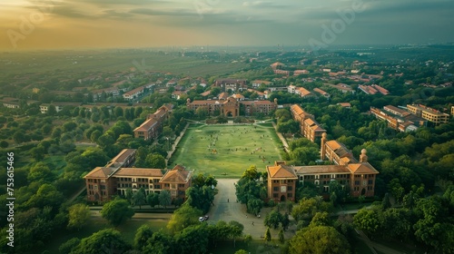 Dramatic aerial perspective of a historic university campus with classic architecture, open lawns, and surrounding greenery at sunset.