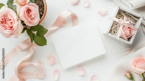 White card mockup with silk ribbons and pink roses in a pot on a white table. ,generative ai, photo