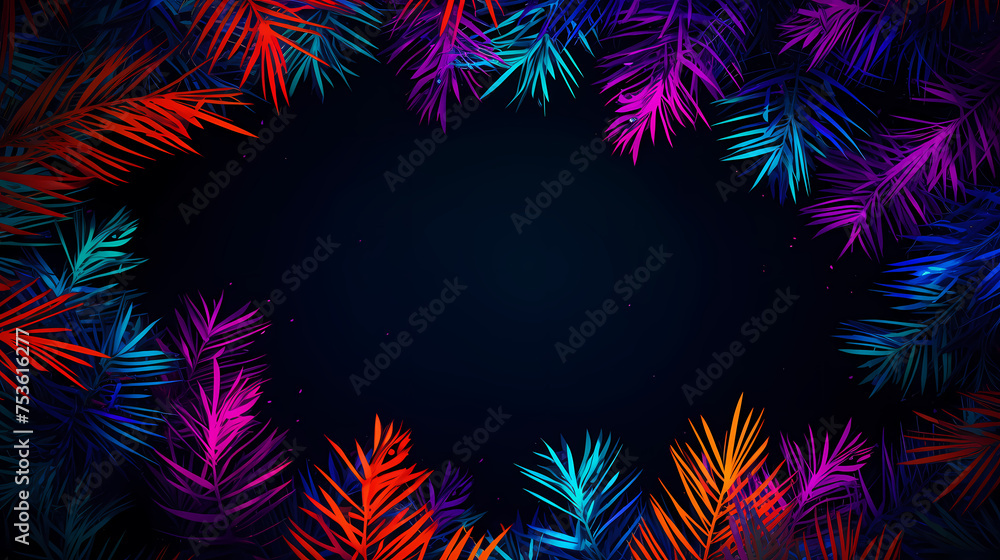 Neon frame with tropical palm leaves