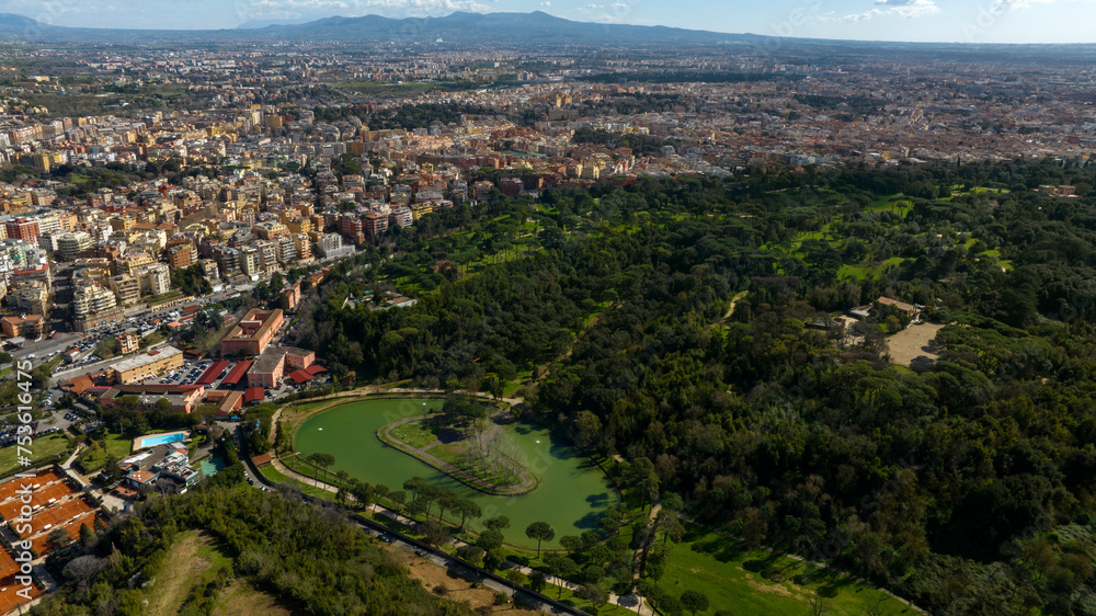 Aerial view of Villa Ada, a large public park in Rome, Italy. This large green area with a small lake is located in the northern area of the city, between the Parioli, Pinciano and Salario district.