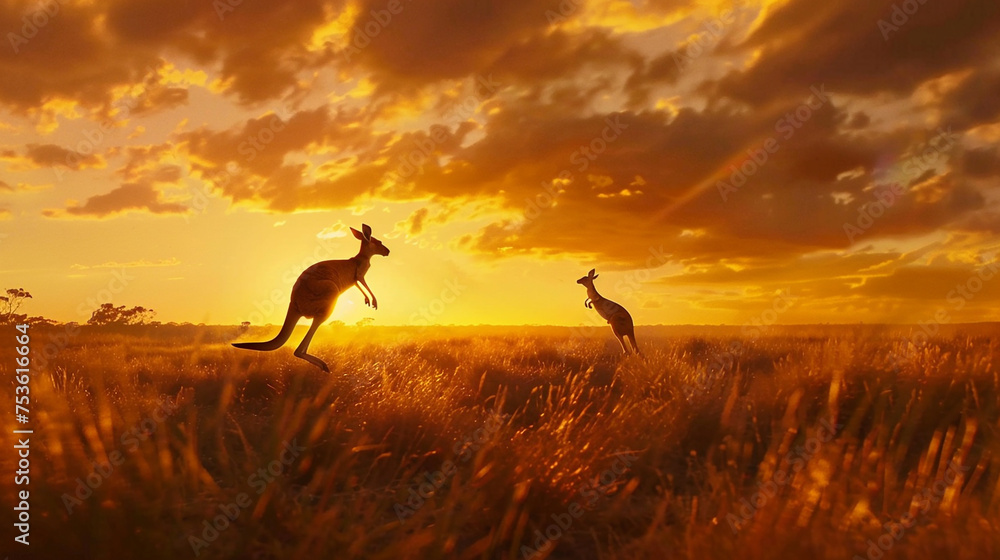 Kangaroos bounding across the vast Australian outback at sunset.