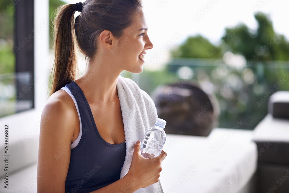 Exercise, bottle and happy woman with water to drink, health and hydration for gym, training and workout. Activewear, trainer or athlete relaxed for fitness, wellness and cardio for vitality Exercise, bottle and happy woman with water to drink, health and hydration for gym, training and workout. Activewear, trainer or athlete relaxed for fitness, wellness and cardio for vitality