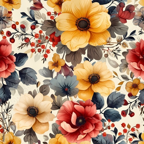 A rich pattern of sunflowers, roses, and leaves in vintage colors, perfect for backgrounds and textiles