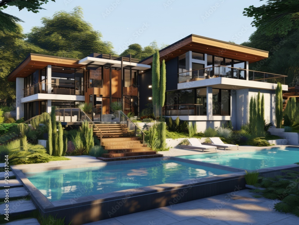 Fototapeta premium A modern house nestled within a vibrant urban jungle