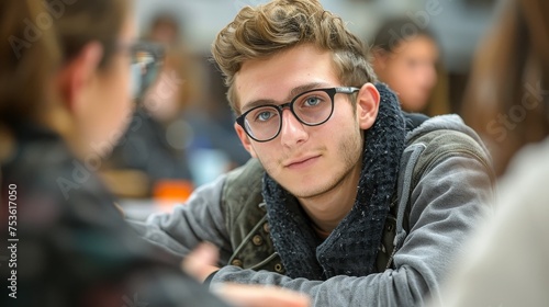 A young male student with glasses attentively participates in a lively classroom discussion amongst peers.