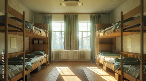 A spacious and well-lit dormitory room with neatly arranged wooden bunk beds, creating a calm and studious atmosphere.