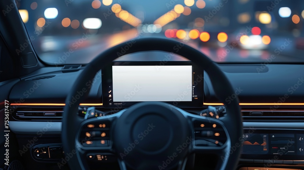 A driver's perspective inside a car at night, with a focus on the illuminated dashboard and steering wheel against the backdrop of city lights.