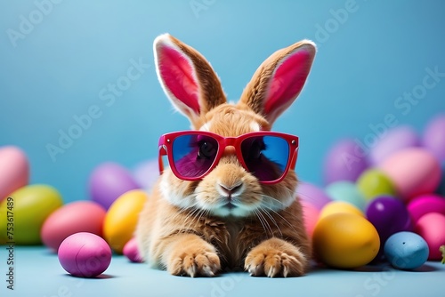 Cute bunny with sunglasses and colorful easter eggs on blue background
