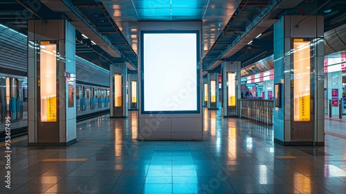 An empty subway station with a bright, blank advertisement display standing in the center, reflecting on the shiny floor.