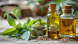 A natural arrangement of CBD wellness products, including oils and hemp seeds, highlighting alternative medicine.