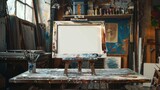 A well-used easel holding a blank canvas in a sunlit art studio, surrounded by paint splatters and artistic supplies.