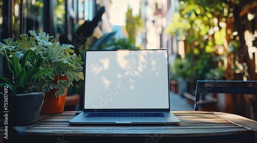 Open laptop on a wooden table outdoors, accompanied by lush potted plants, blending technology with natural elements for an al fresco workspace.