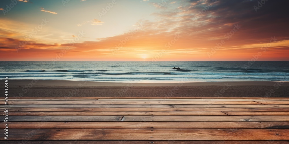 Beach sunset with empty wooden table, space for copying