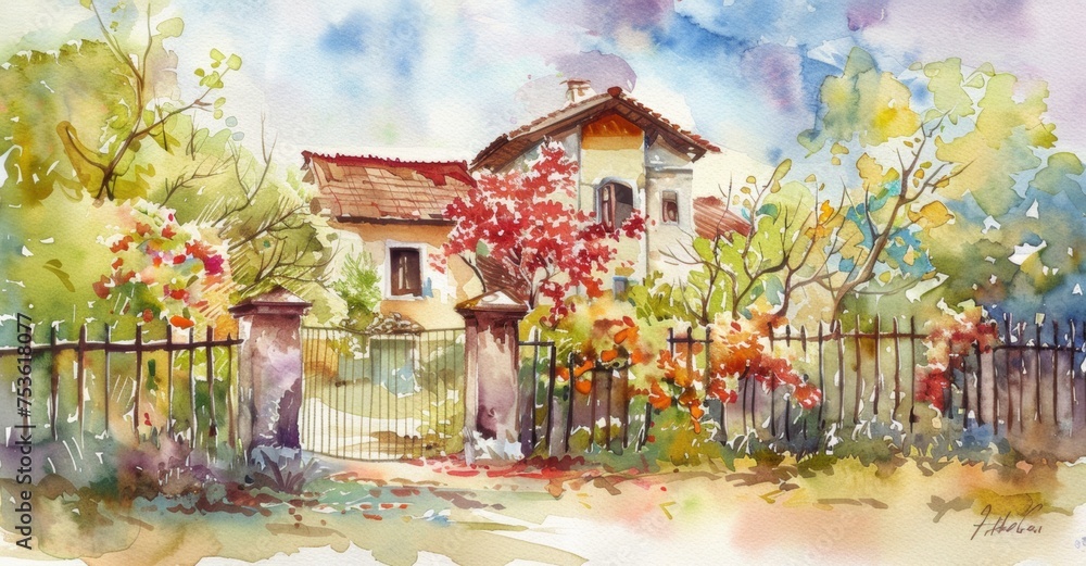 A charming watercolor painting featuring a house surrounded by a fence and colorful flowers.