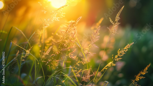 Abstract wild grass in the forest at sunset. Macro image