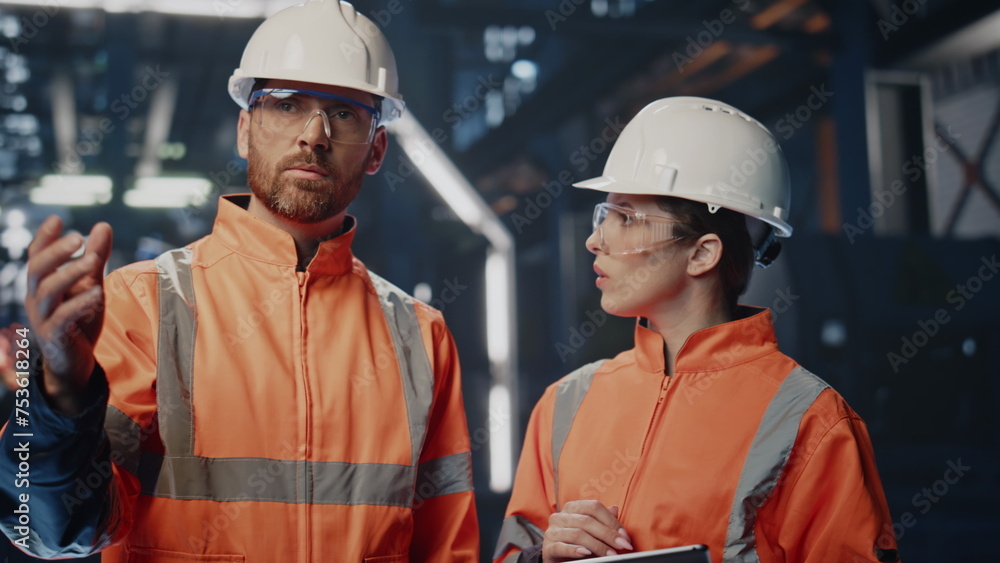 Plant engineer showing modern production facility to woman with tablet close up. Plant engineer showing modern production facility to woman with tablet close up.