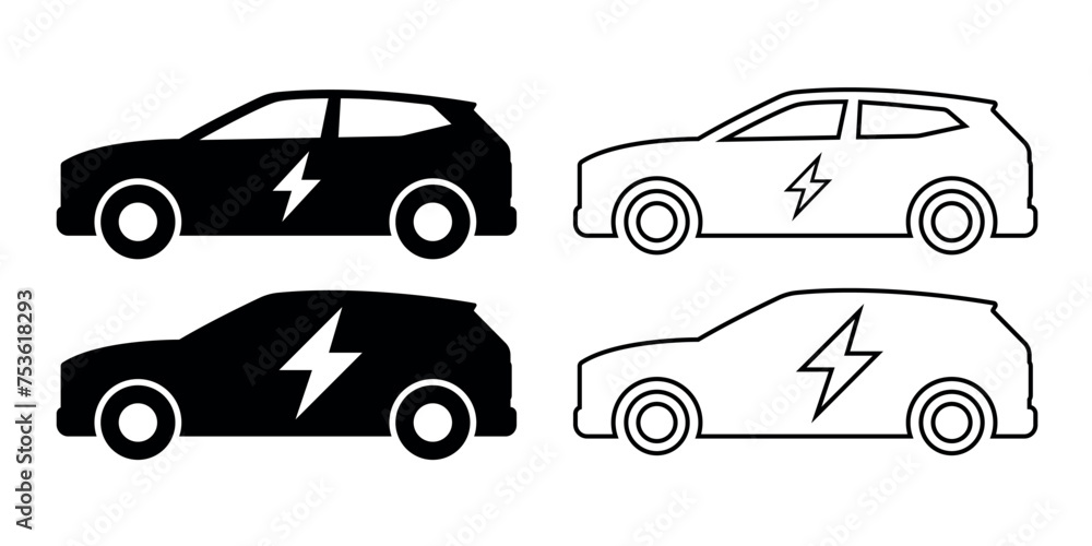 Naklejka premium set electric car with electric bolt, car silhouette with lightning, flat vector icon for transportation applications and websites isolations on white background
