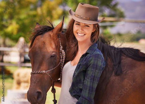 Woman or cowgirl, portrait and horse on farm to train or feed and grooming for animal or pet care. Person, stallion and outdoors to ride together in countryside in Texas for rural life and adventure. © Arcurs Corp/peopleimages.com