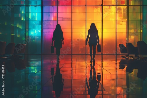 Evocative image of two women portrayed in striking silhouette against a backdrop of glowing, colorful glass with reflective floor