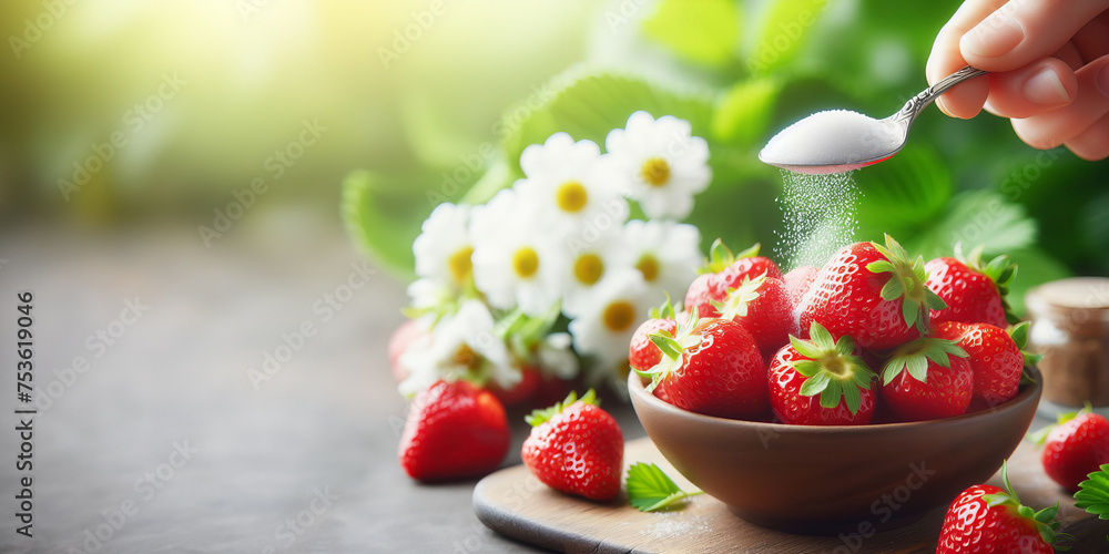 The hand delicately holds a spoon from which sugar is sprinkled onto juicy strawberries. The hand delicately holds a spoon from which sugar is sprinkled onto juicy strawberries.