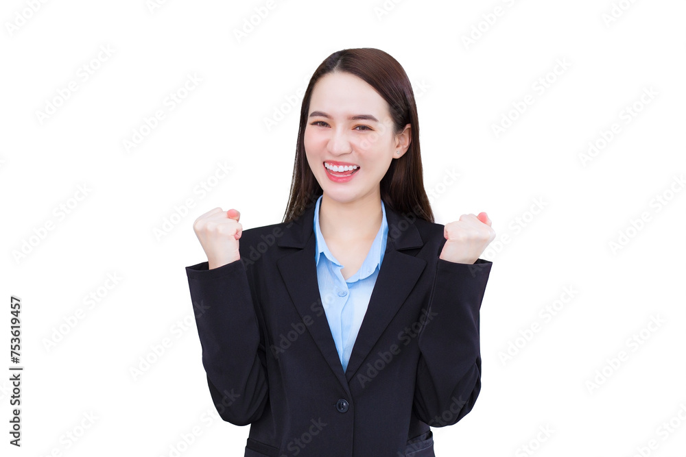 young asian working woman who wears black business suit looks happiness feeling she smiles and laughs happily while isolated white background. young asian working woman who wears black business suit looks happiness feeling she smiles and laughs happily while isolated white background.
