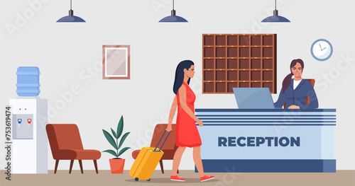 Hotel lobby, reception. Woman receptionist behind the desk, guest with baggage checking in. Hotel Arriving. Tourism, business trip concept. Interior of inn. Vector illustration.